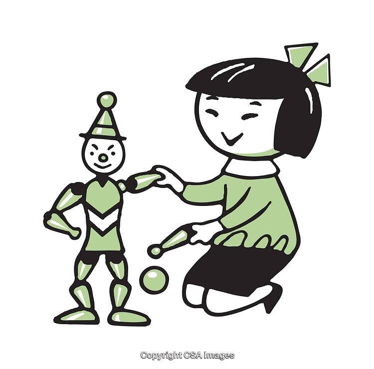 Colorful Illustration of a Child Playing with a Toy Clown Figure