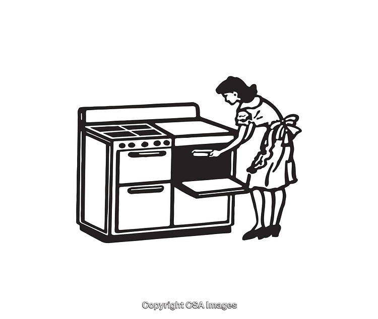 Vintage Illustration of Woman Checking Stove in Retro Kitchen Setting