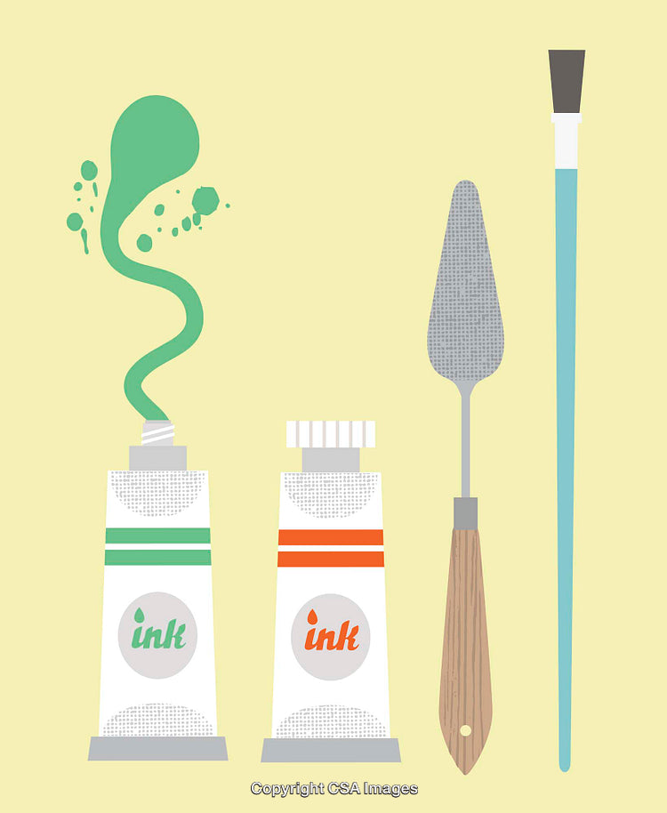 Art Supplies Featuring Paint Tubes, Palette Knife, and Brush Illustration
