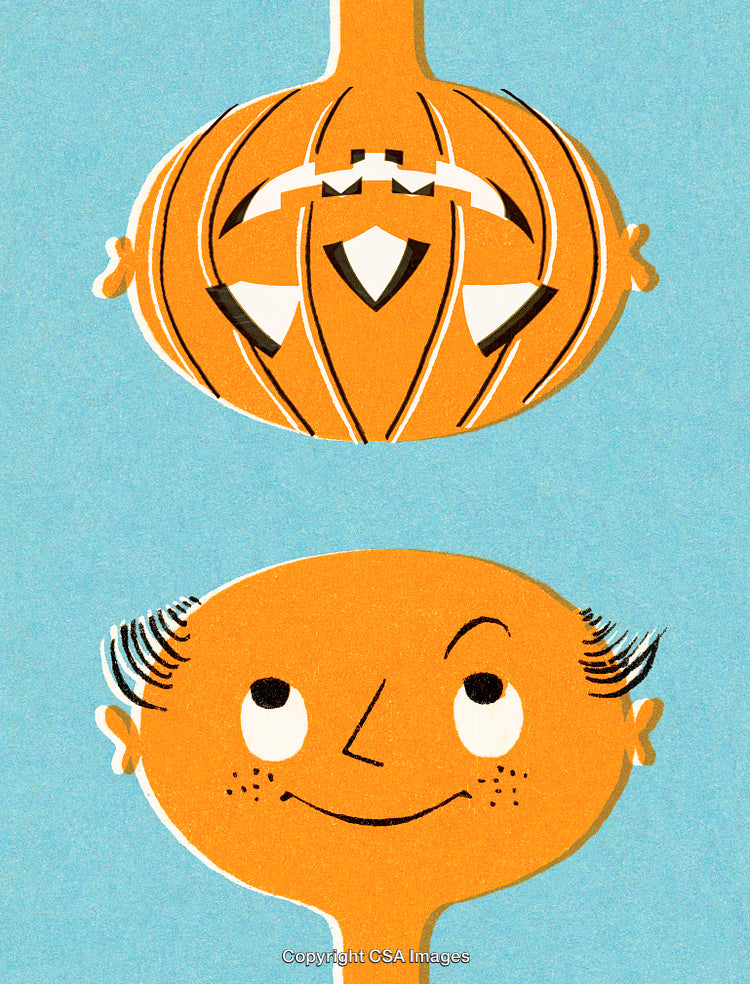 Illustration of a Smiling Face and Pumpkin on a Blue Background
