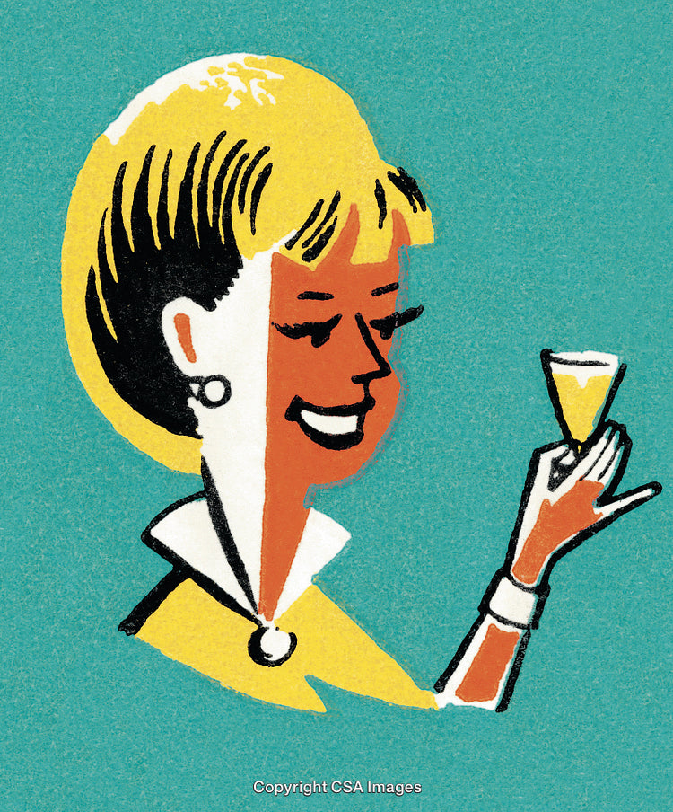 Retro Illustration Of A Woman Toasting With A Beverage On A Colored Background