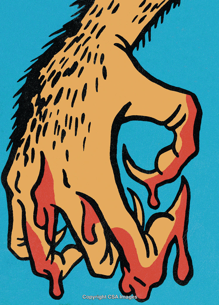 Anthropomorphic Hand Illustration With Blood and Claws on Blue Background