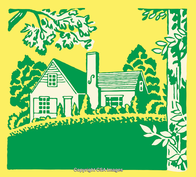 Charming Cottage Amid Verdant Trees in Vibrant Line Art Illustration