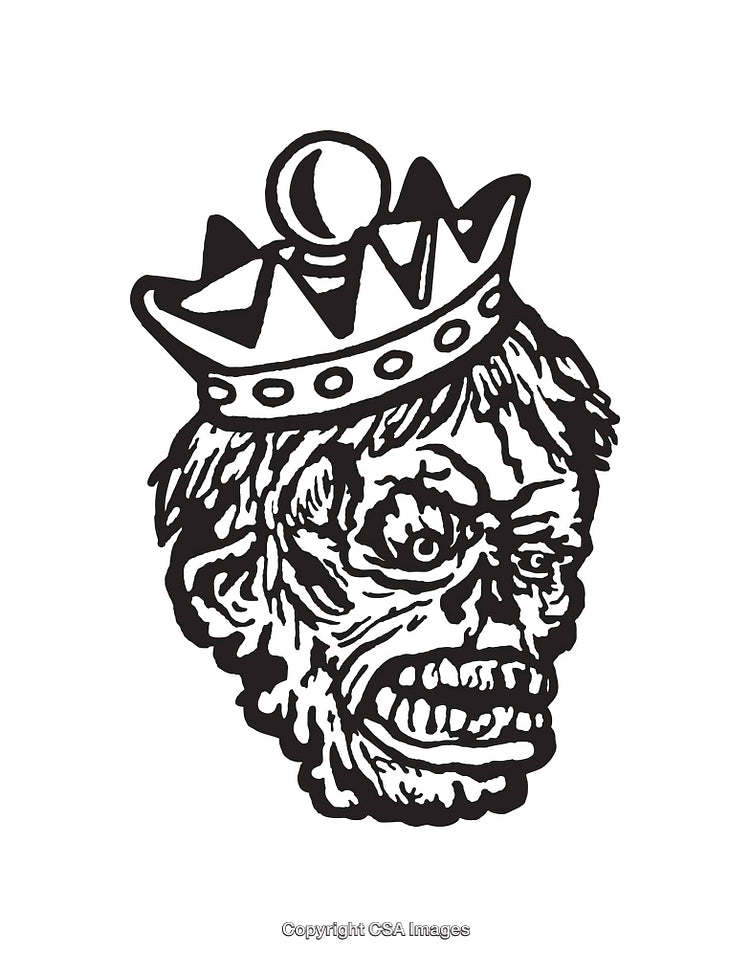 Black and White Illustration of a Crowned Skull in Unique Line Art Style