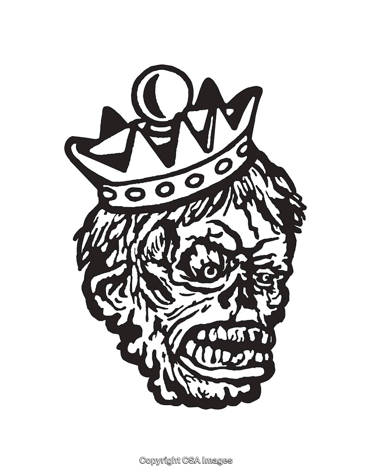 Black and White Illustration of a Crowned Skull in Unique Line Art Style