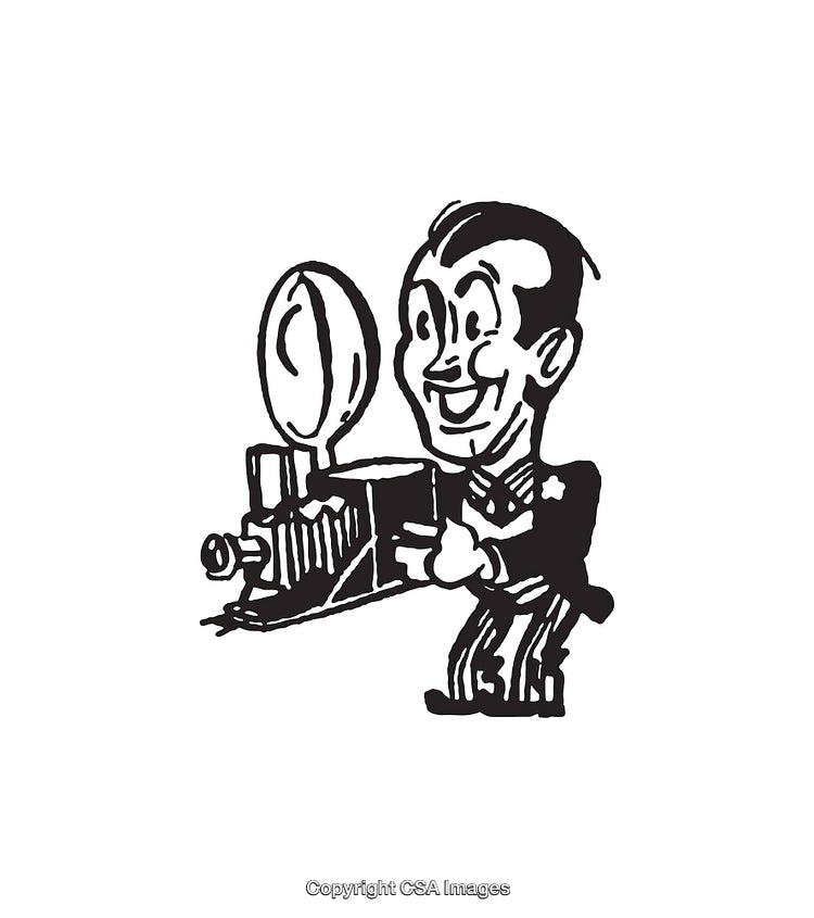 Vintage Cartoon of a Photographer Operating an Old Camera