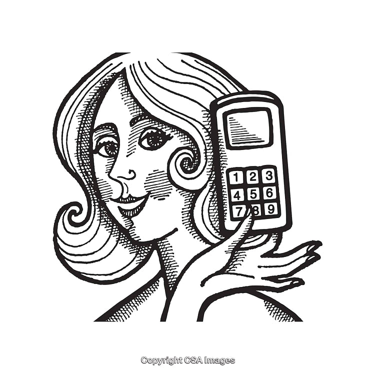 Black and White Illustration of a Woman Holding a Mobile Phone