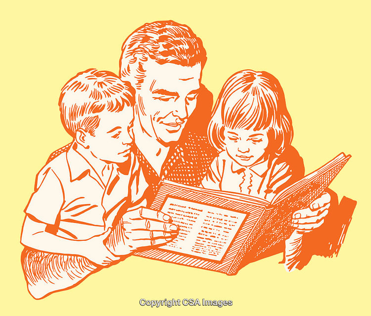 Father Reading Book to Two Children in Vintage Line Art Illustration