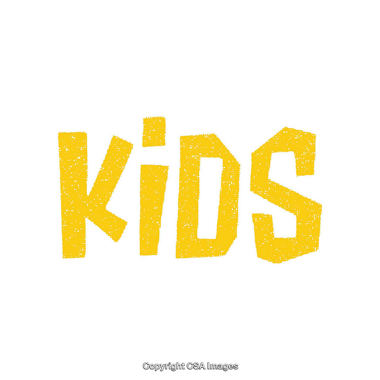 Yellow Text "Kids" in Playful Stylized Font on White Background