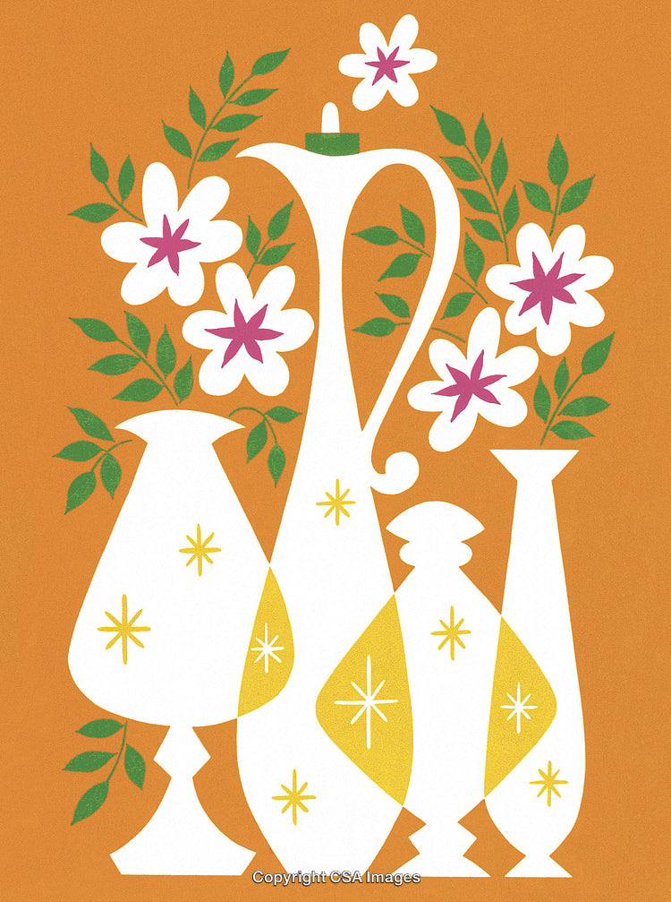 Abstract Illustration of Decorative Vase Arrangement With Flowering Plants