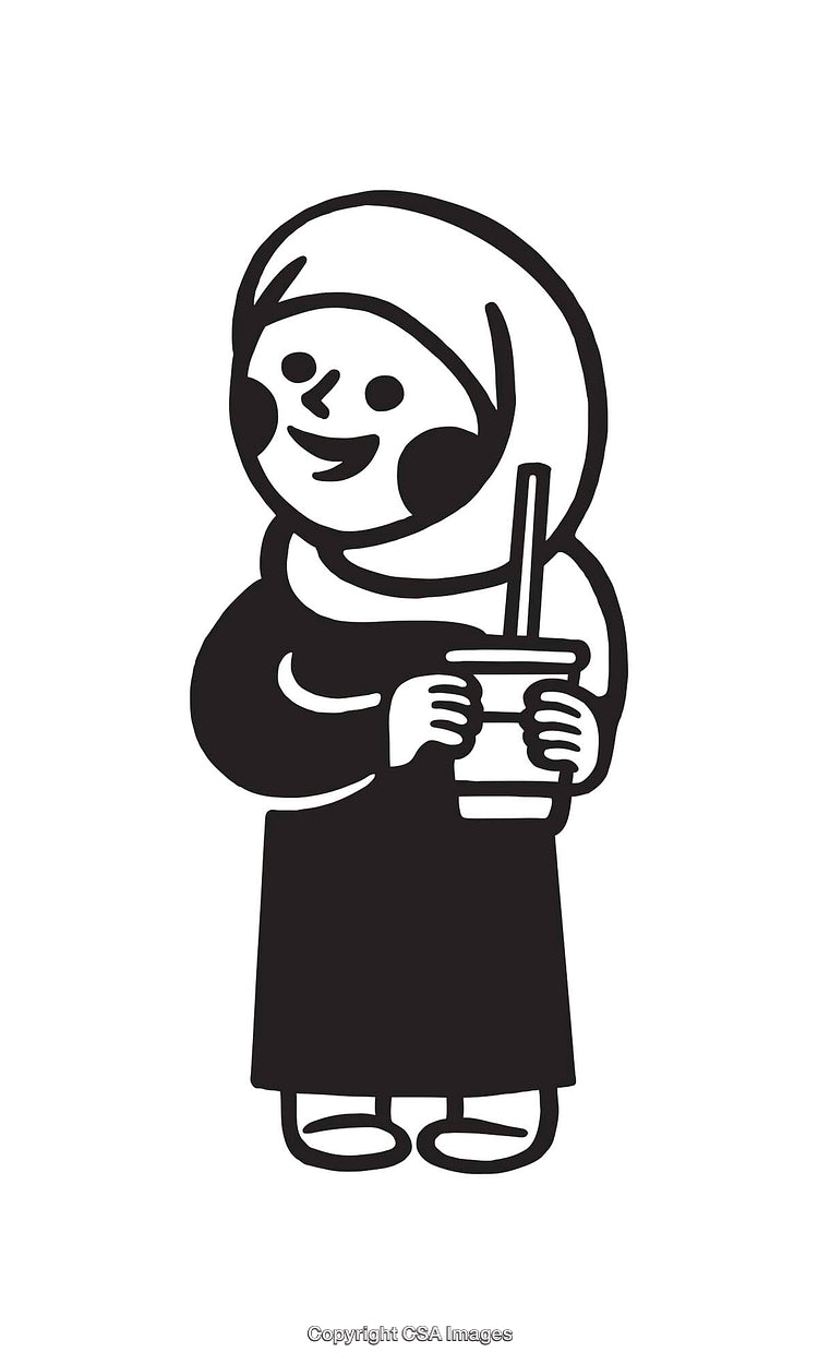 Smiling Cartoon Character Holding a Drink in Black and White Line Art