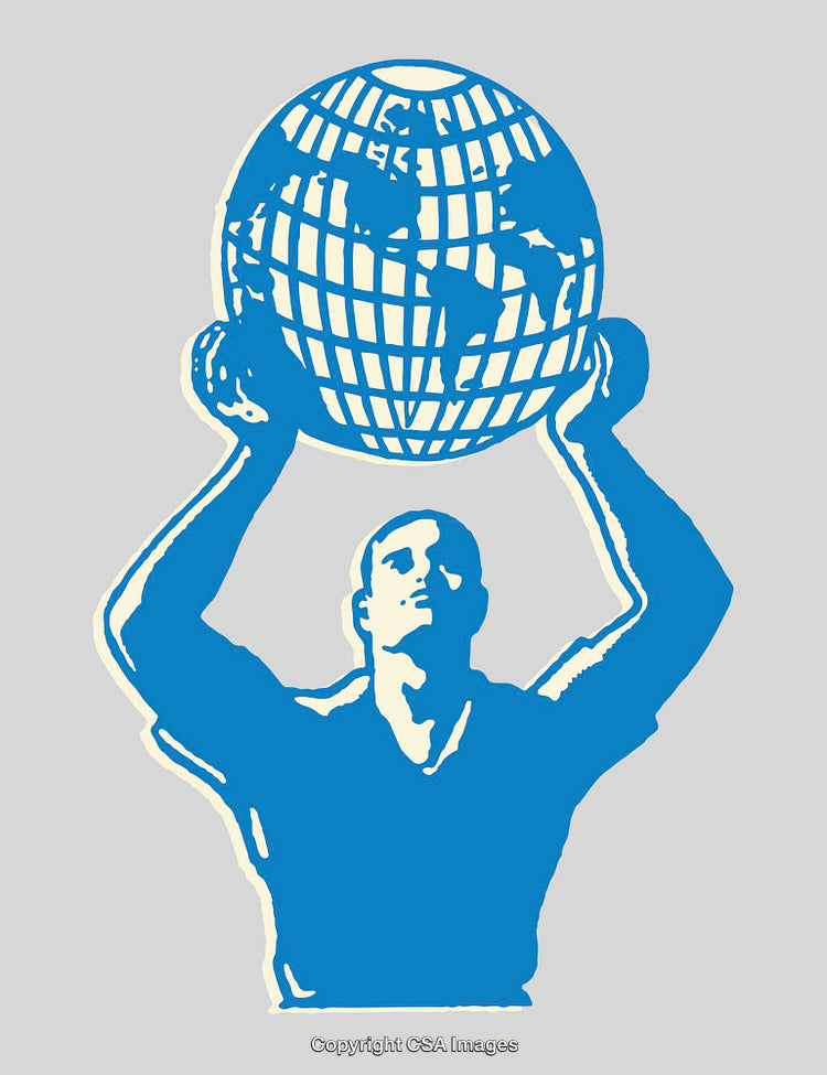 Blue Line Art Illustration of a Man Holding the Earth