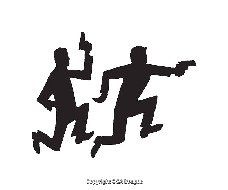 Black and White Icon of Two Figures in Action Poses With Weapons