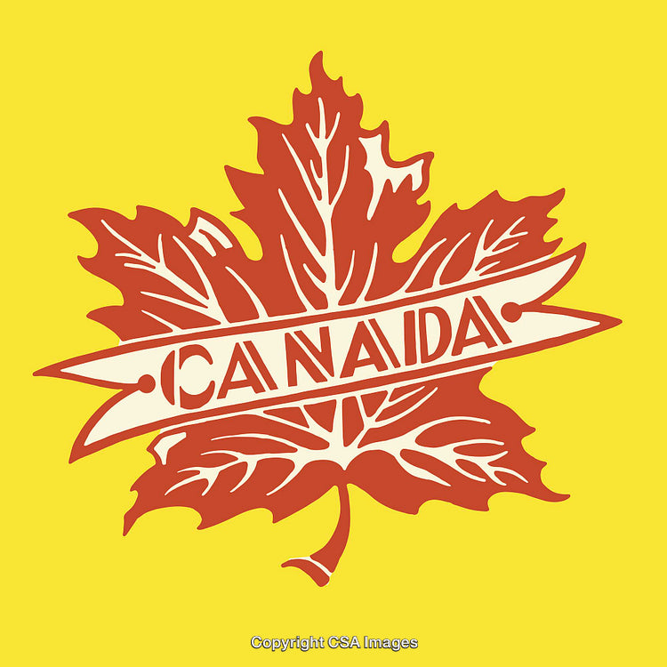 Illustrated Maple Leaf Emblem With Canada Themed Text and Yellow Background