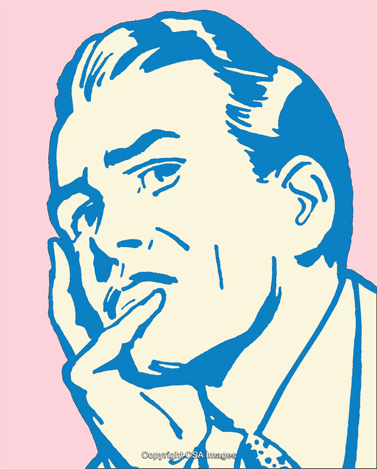 Blue-and-Pink Retro Line Art Illustration of a Thoughtful Man