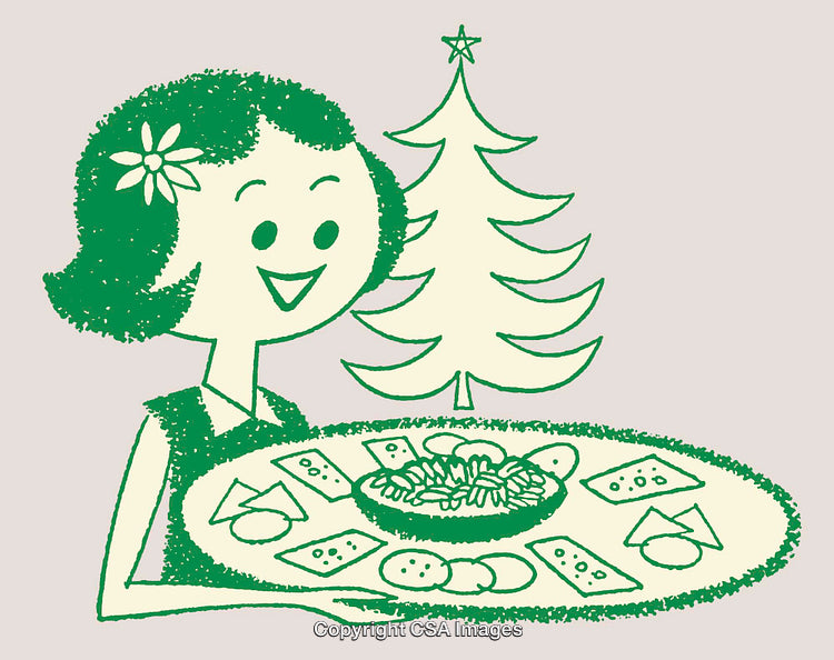 Retro Illustration of Woman Holding Holiday Snacks by Christmas Tree
