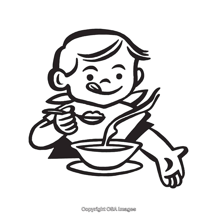 Vintage Line Art Illustration of Boy Enjoying a Bowl of Soup