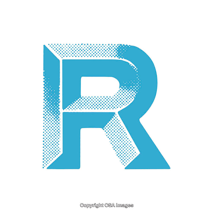 Halftone Design of the Letter R in Blue Monochrome Style