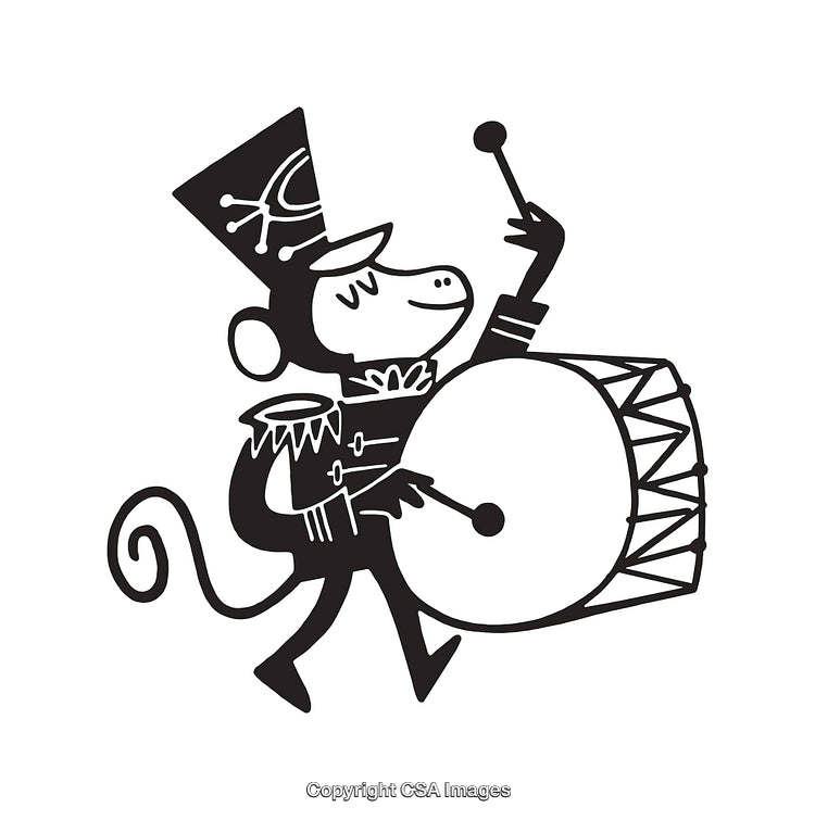 Charming Line Art Illustration of Drum Playing Monkey in Marching Outfit