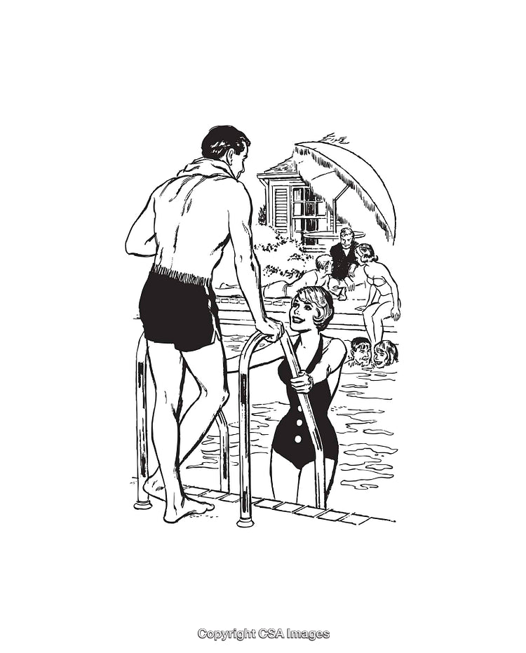 Retro Poolside Illustration Featuring People Relaxing and Conversing in Swimwear