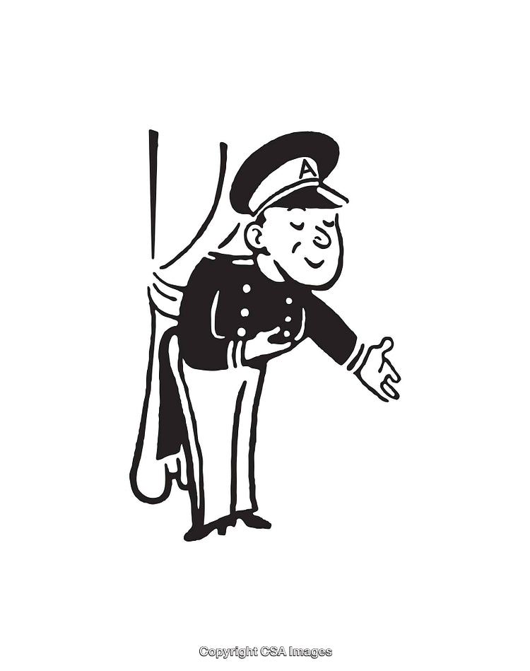 Vintage Black and White Illustration of Polite Uniformed Bellhop