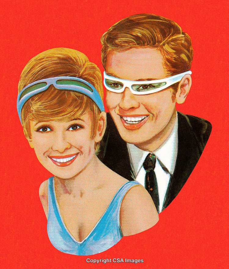 Retro Illustration of Happy Couple Wearing Futuristic Glasses on Vibrant Background