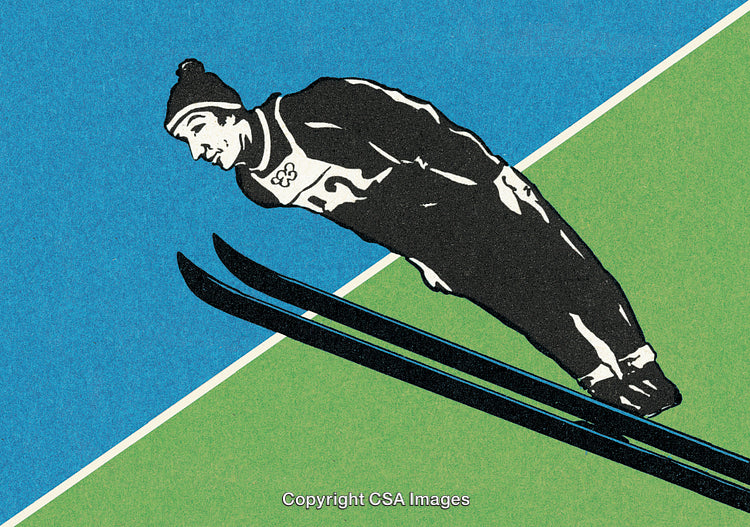 Vintage Artwork of a Ski Jumper in Action with Bold Colors