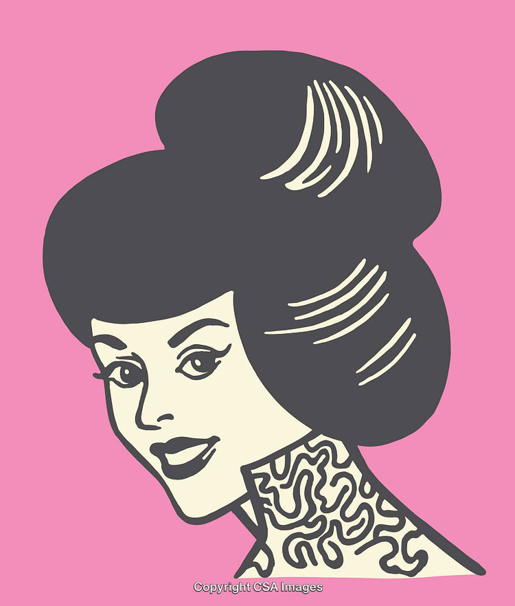 Retro Style Illustration of a Woman with Elegant Hair and Unique Patterns