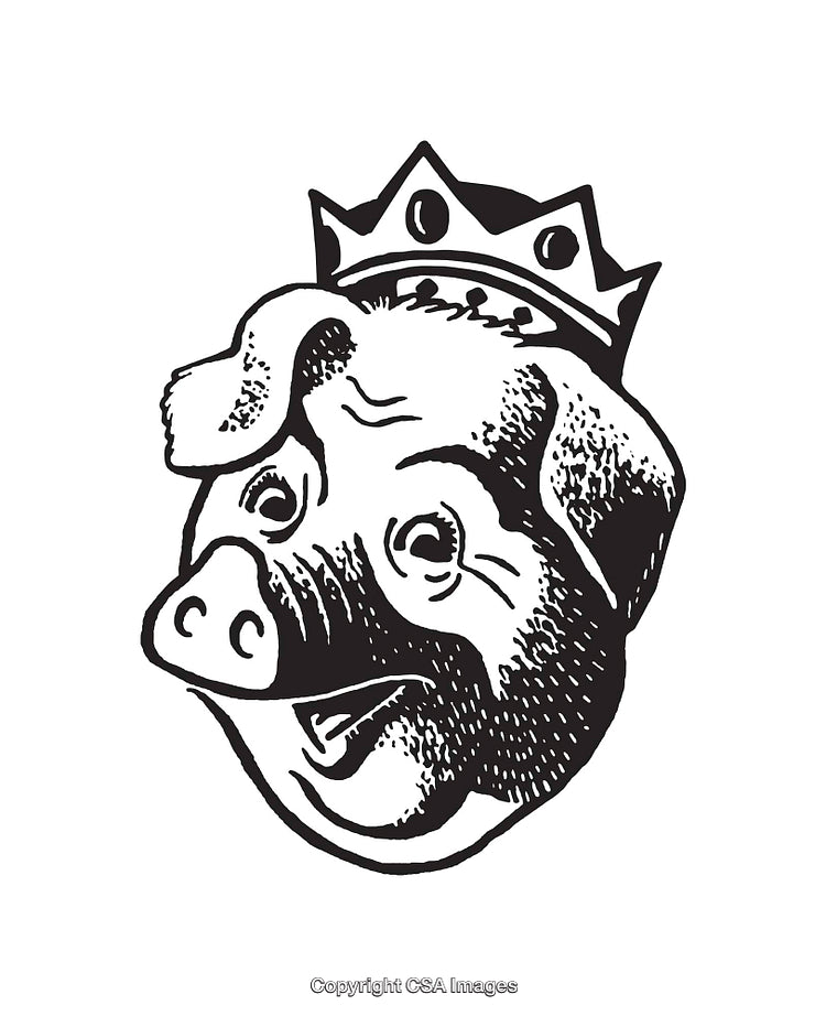 Black and White Illustration of a Pig Wearing a Crown
