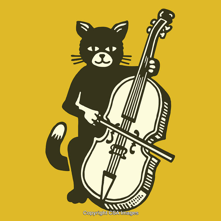Illustration of a Cat Performing Music with a Cello on Yellow Background
