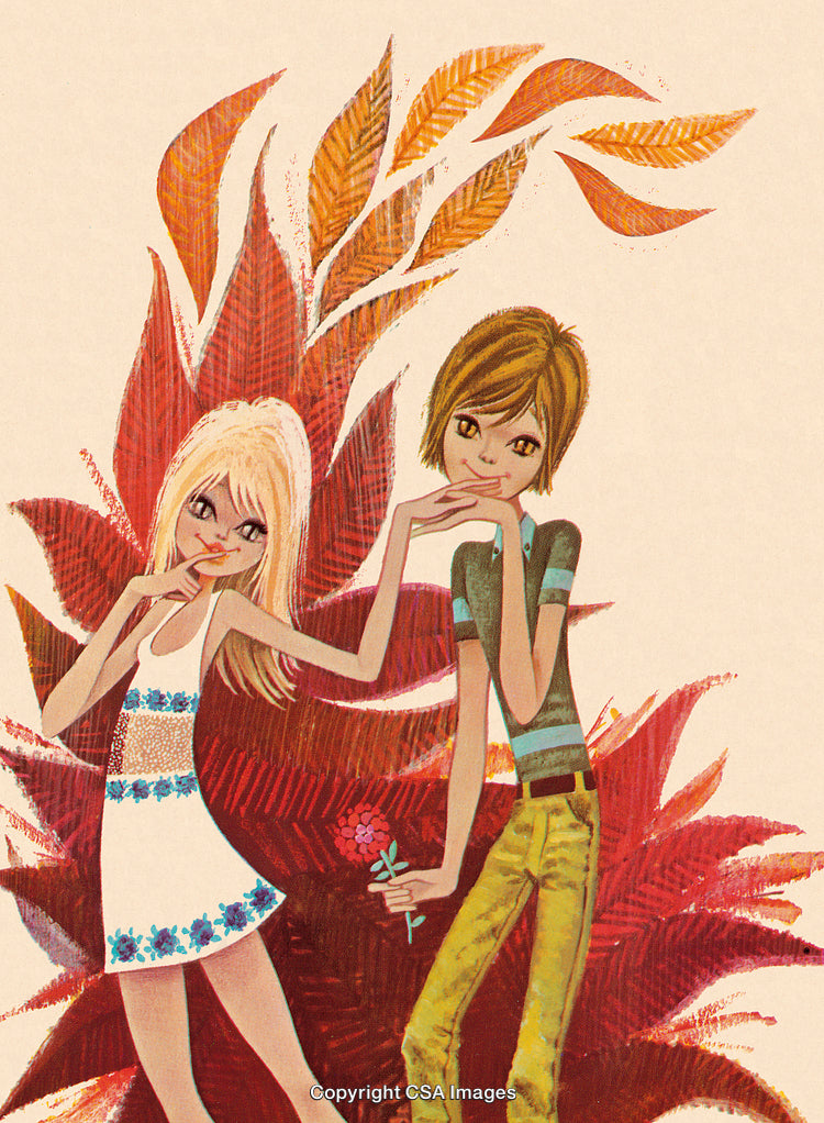 Retro Illustration of Young Couples with Vibrant Foliage Background