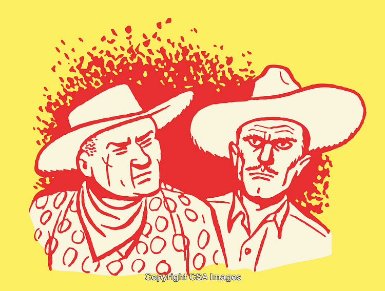Vintage Line Art of Two Men in Cowboy Hats on Yellow Background