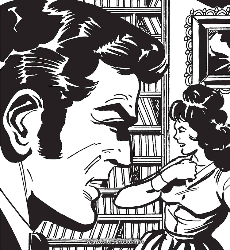 Vintage Comic-Style Illustration of Two People Interacting in a Study Setting