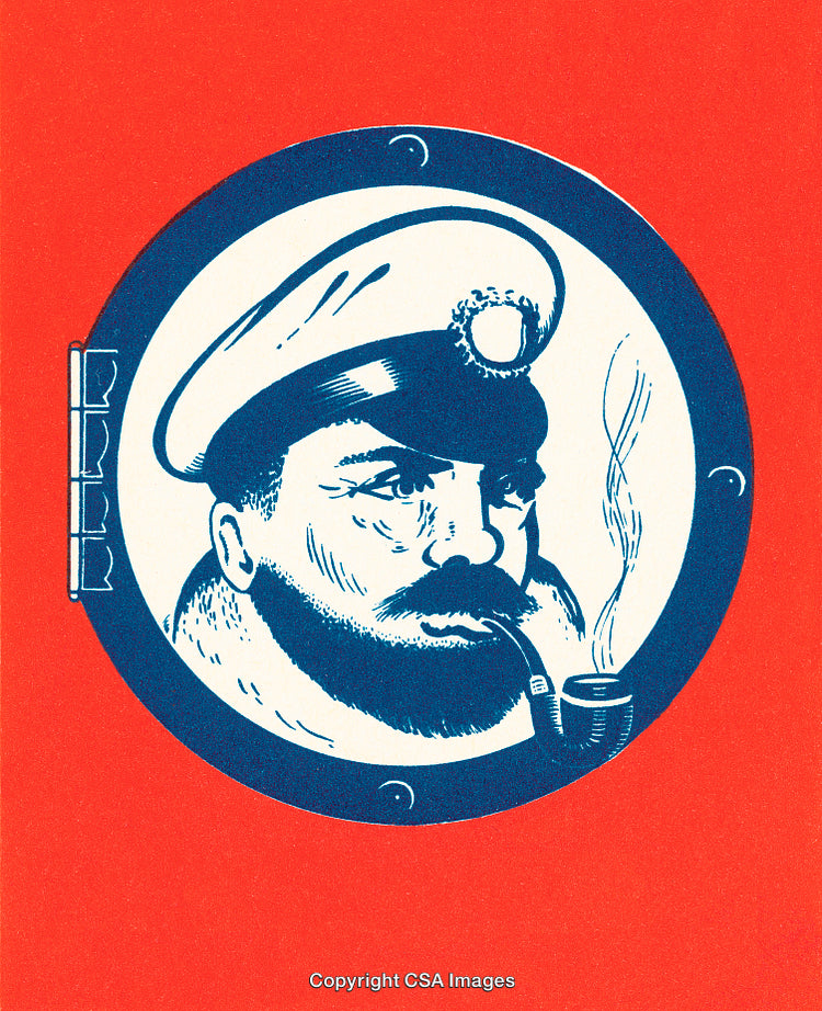 Vintage Illustration of a Bearded Man Smoking a Pipe in a Nautical Setting