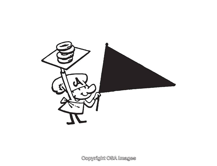 Cartoon Chef Holding Donuts and Flag in Whimsical Black and White Illustration