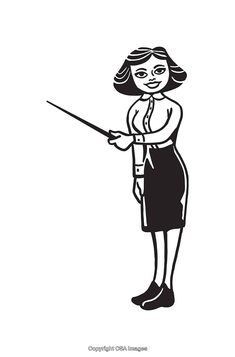Retro Style Black And White Illustration of a Woman Explaining with a Pointer