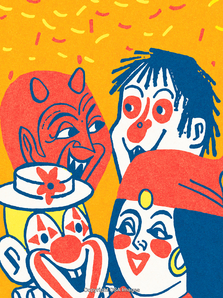 Illustrative Group of Characters in Bright Colors Featuring Vibrant Art Style