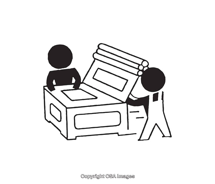 Black and White Line Art of Workers Using a Printing Press Machine