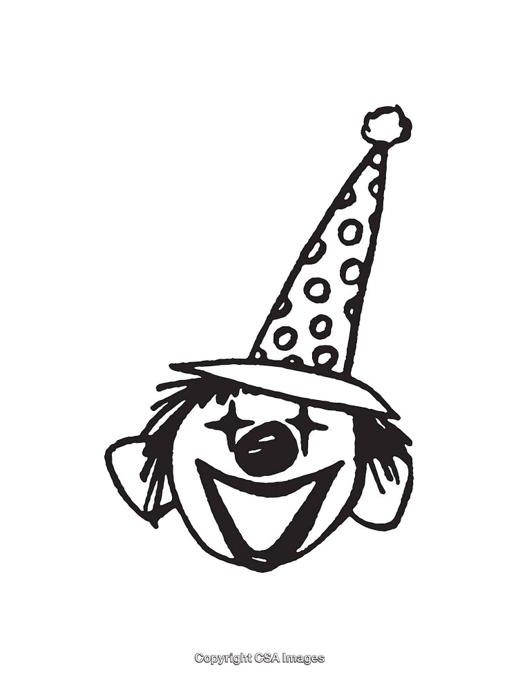 Black and White Line Art of a Smiling Clown with Polka Dot Hat