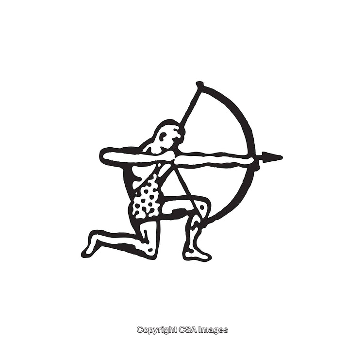 Black and White Illustration of a Hunter with Bow and Arrow