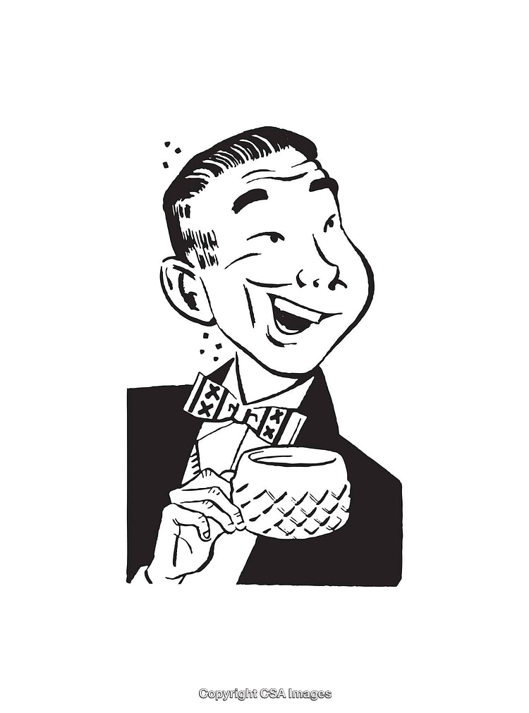 Retro Styled Black and White Drawing of a Laughing Man Holding Mug