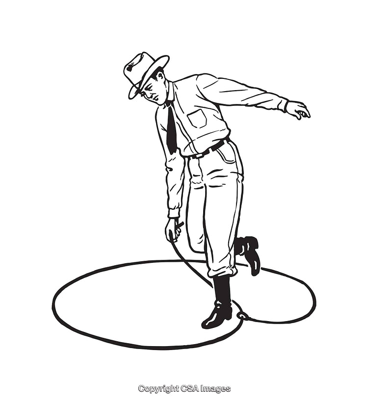 Vintage Cowboy Performing Lasso Trick in Black and White Illustration
