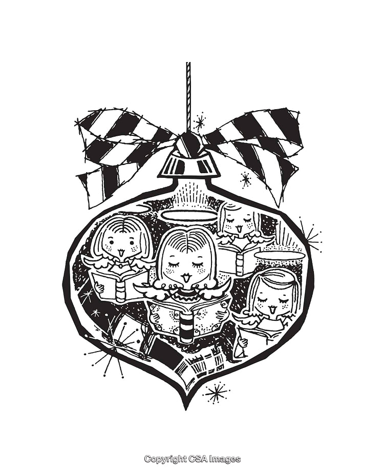 Black and White Illustration of Carolers Inside a Festive Christmas Ornament
