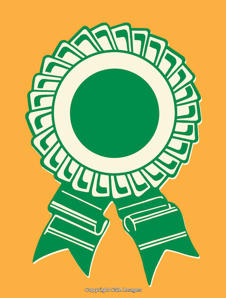 Green Award Ribbon Illustration Over Orange Background Symbolizing Achievement and Recognition