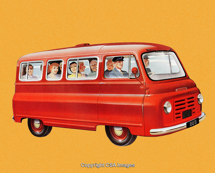 Retro Illustration of a Red Bus Filled with Happy Passengers
