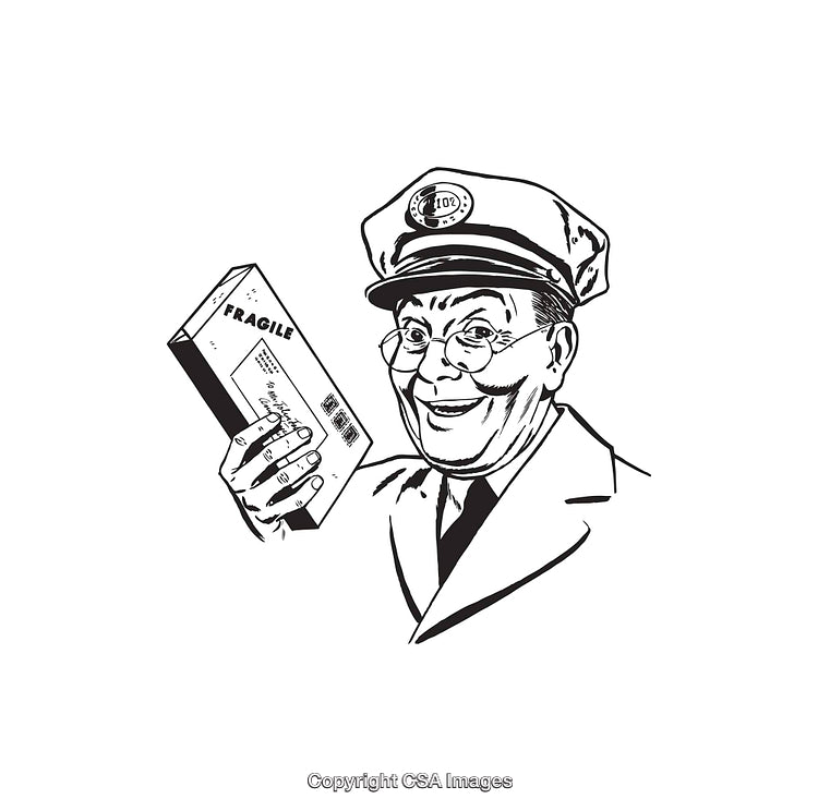 Vintage Black And White Postal Worker Holding Fragile Parcel Box