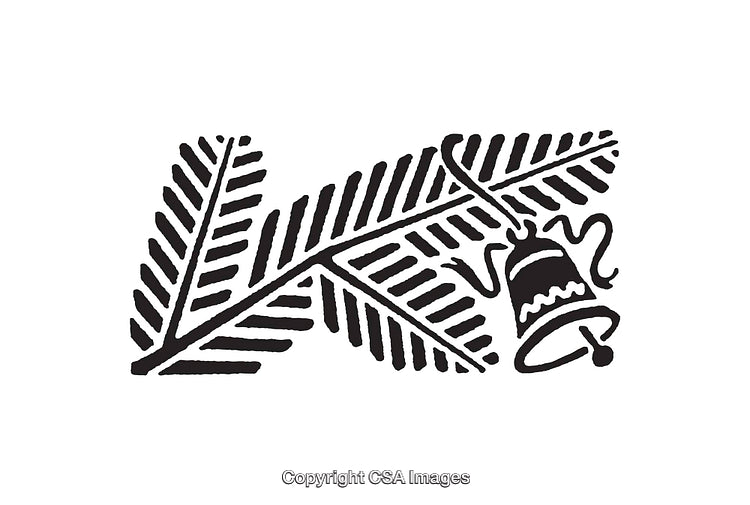 Black and White Line Art with Bell and Leaves Illustration