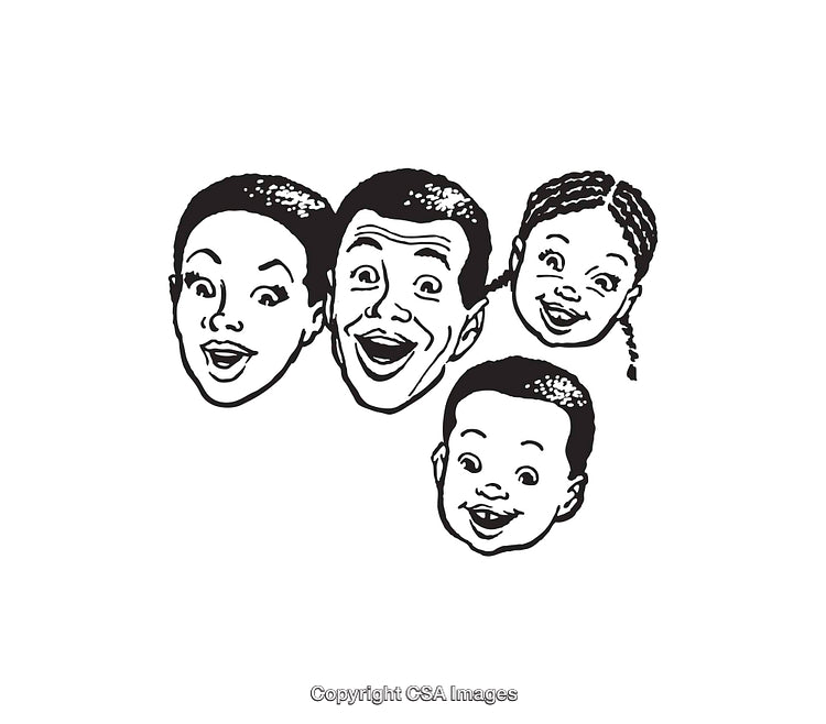 Black and White Line Art of Cheerful Family Faces