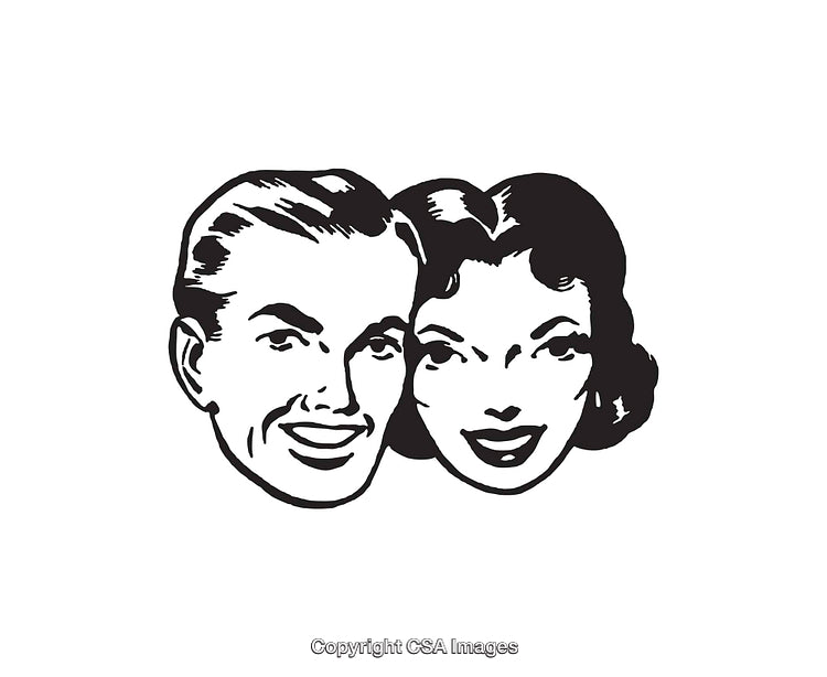 Retro Styled Illustration of a Smiling Man and Woman in Black and White