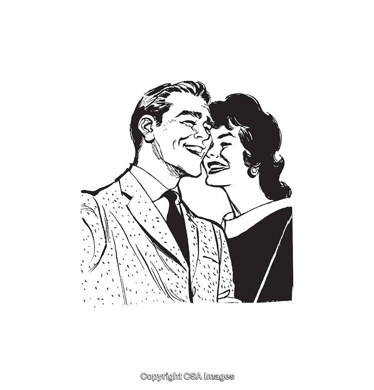 Retro Line Art of Smiling Couple in Classic Outfits